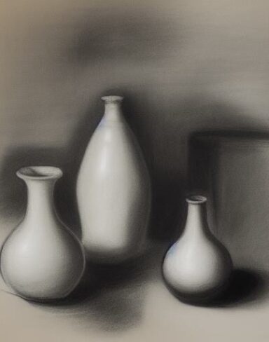 The black and white drawing of two vases and a bottle
