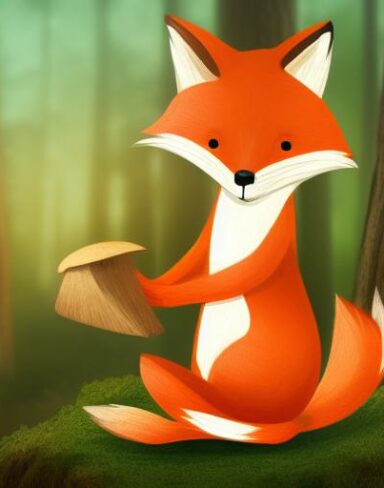 The cartoon fox sitting on a mushroom