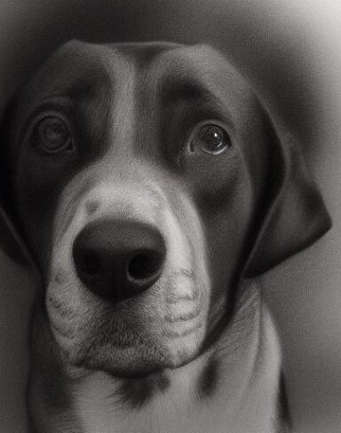 The charcoal drawing of a dog