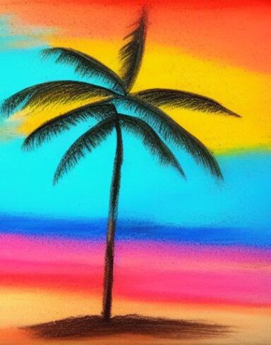 The color painting of a palm tree on a beach