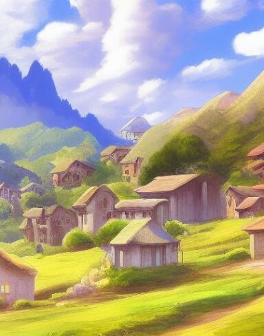 The digital art of a small village in the mountains
