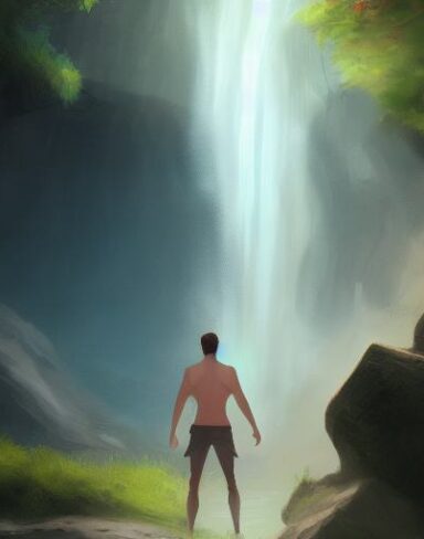 The digital painting of man standing in front of a waterfall