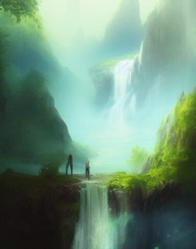 The man standing in front of a waterfall