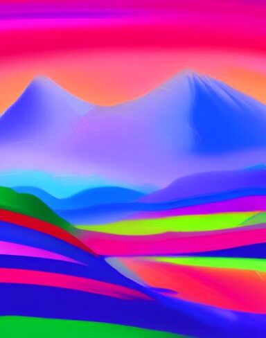 The painting of a colorful landscape with mountains