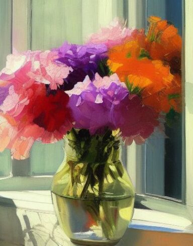 The painting of flowers in a vase on a window sill