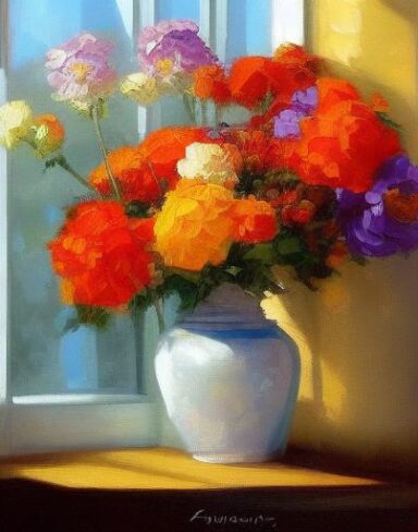 The painting of various flowers in a vase on a window sill
