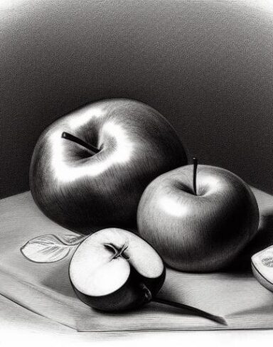 The pencil drawing of a vase and apples on a table