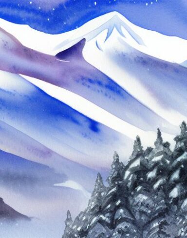 The watercolor painting of a snowy mountain inspired by Charles E. Burchfield