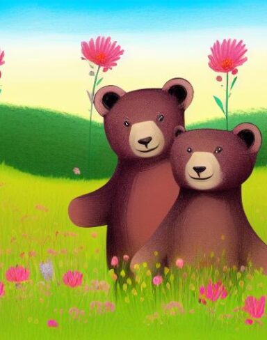 Two bears in a field of beautiful flowers