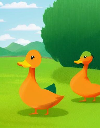 Two ducks standing on a lush green field