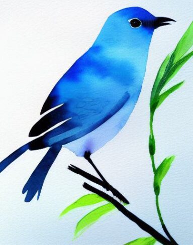 Watercolor painting of a blue bird and a branch inspired by Paul Bird