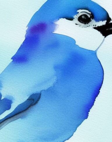 Watercolor painting of a blue bird and a branch inspired by Paul Bird