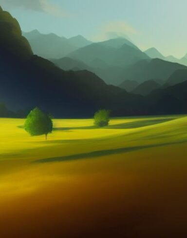 With dim sun light a painting of a green field with mountains in the background