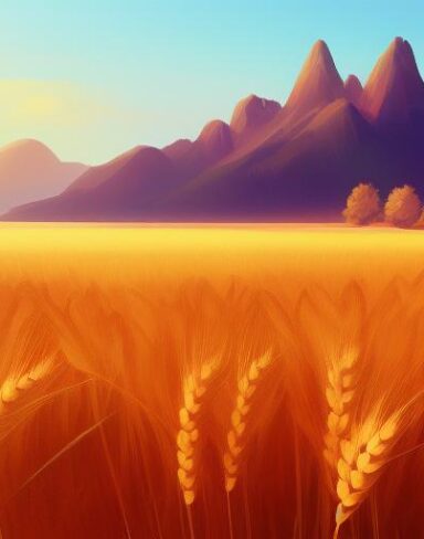 With dim sunlight a painting of a wheat field with mountains in the background