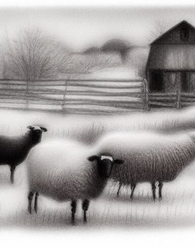 A black and white drawing of farm and sheep