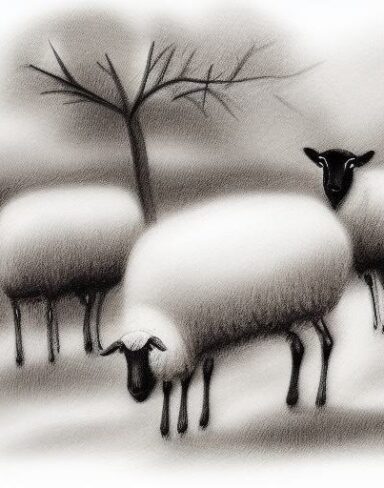 A black and white drawing of sheep in rural area