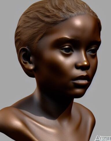 A bronze bust sculpture of a girl
