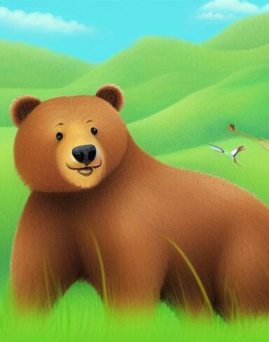 A brown bear in the lush green field