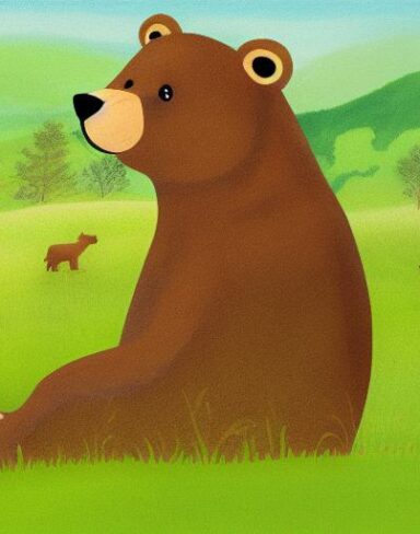 A brown bear sitting on the lush green field