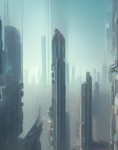 A city with tall buildings and people