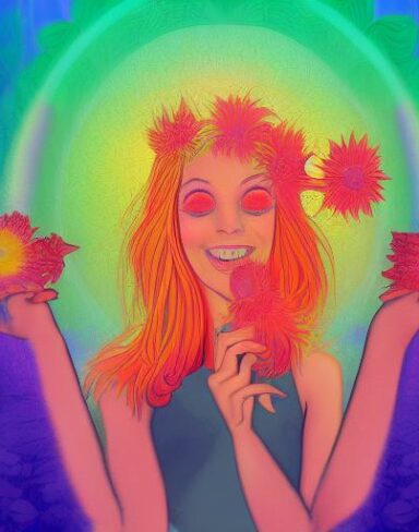 A digital 2D fantasy psychedelic artwork painting of a woman holding a laughing flower