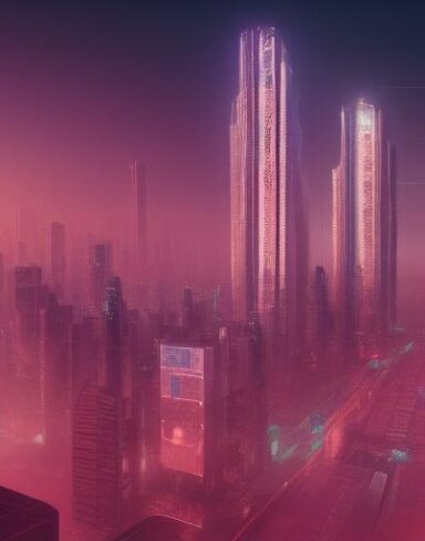 A digital city filled with lots of tall buildings and citizens