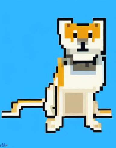 A dog sitting in front of a blue background