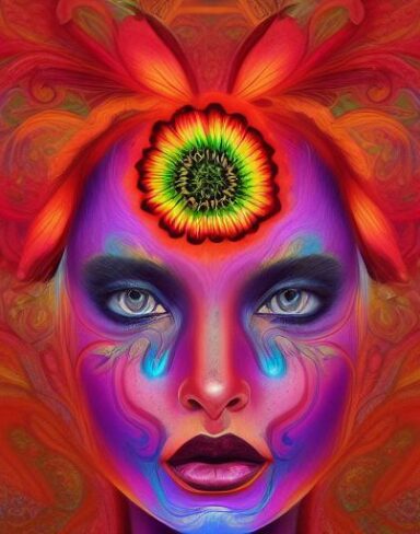 A highly detailed close-up painting of a psychedelic woman’s face
