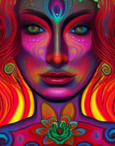 A highly detailed close-up painting of a psychedelic woman’s face