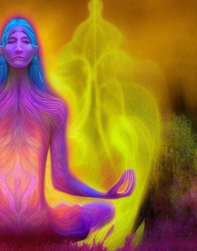 A highly detailed panoramic shot painting of a woman meditating on a psychedelic landscape. The woman is an elven spirit