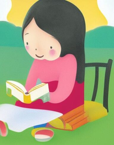 A little girl is reading a book