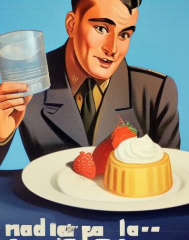 A man holding a cup of water in front of a plate of dessert
