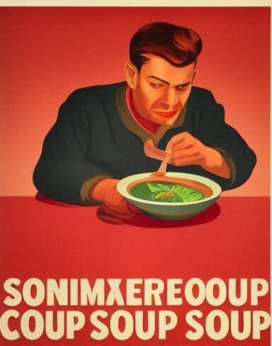 A man holding a spoon in front of a bowl of soup