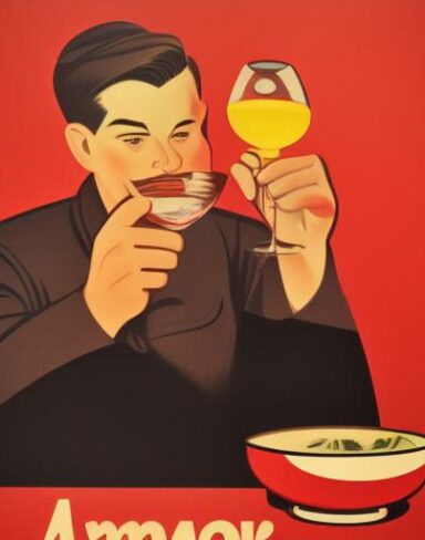 A man holding a wine glass in front of a bowl of soup