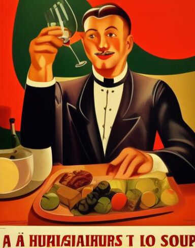 A man holding a wine glass in front of a bowl of soup