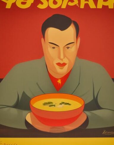 A man in front of a bowl of soup