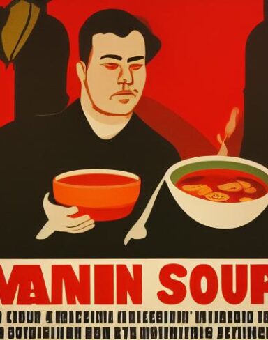A man in front of a bowl of soup