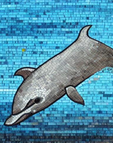 A mosaic of a dolphin swimming in the marine ocean