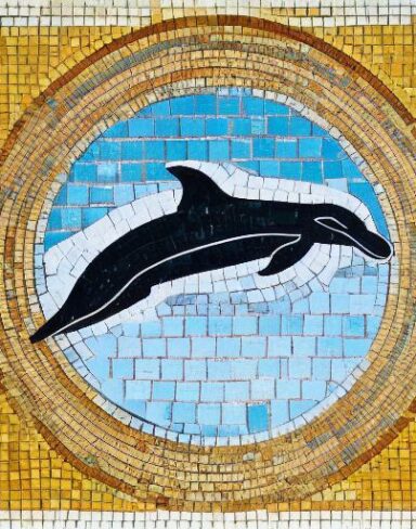 A mosaic of a dolphin swimming in the marine ocean