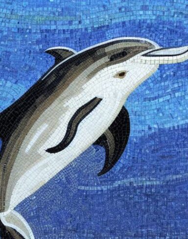 A mosaic of a dolphin swimming in the marine ocean inspired by Charles Ginner