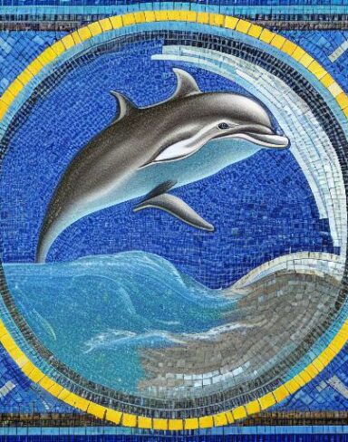 A mosaic of a dolphin swimming in the marine ocean inspired by Charles Ginner