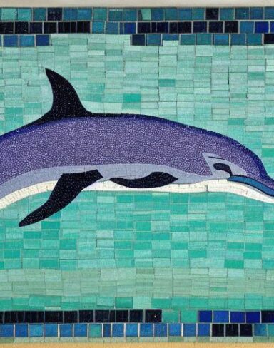 A mosaic of a dolphin swimming in the marine ocean inspired by Charles Ginner