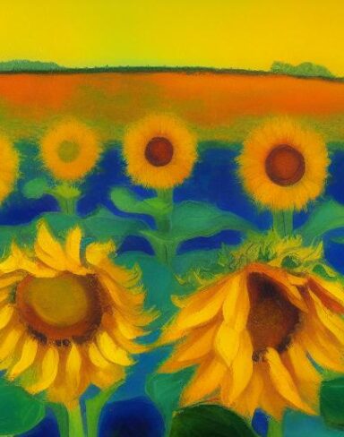 A oil painting of sunflowers in the field