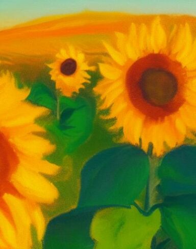 A oil painting of sunflowers in the field