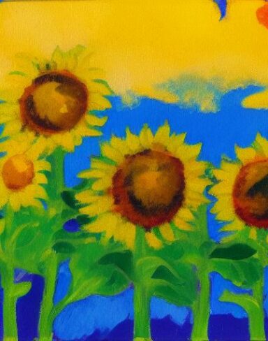 A oil painting of sunflowers in the field
