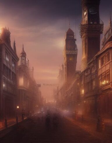 A painting of a city with a clock tower