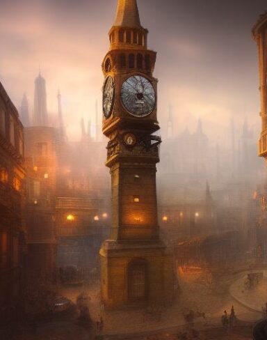 A painting of a city with a clock tower