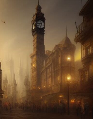 A painting of a city with a clock tower