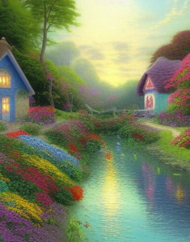 A painting of a cottage by a river with colorful flowers