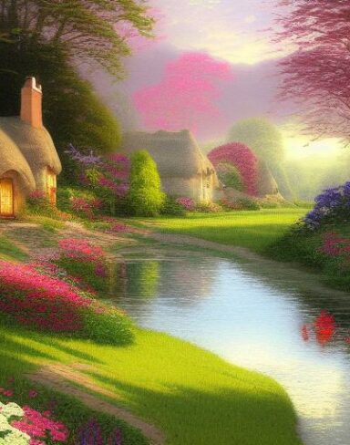 A painting of a cottage by a river with flowers
